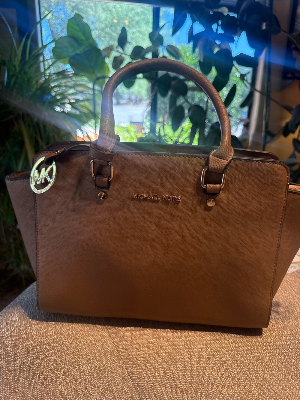 Michael Kors Brown Saffiano Satchel Handbag Gold MK Charm Structured Tote - Picture 1 of 5